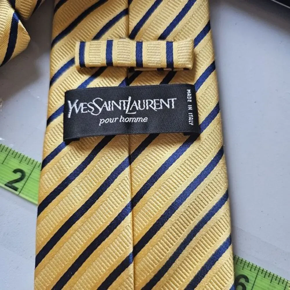 YVES SAINT LAURENT Gold Blue STRIPED 100% SILK Neck Tie‎ Professional Casual